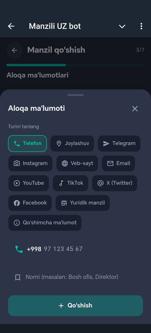 Aloqa turi: telefon