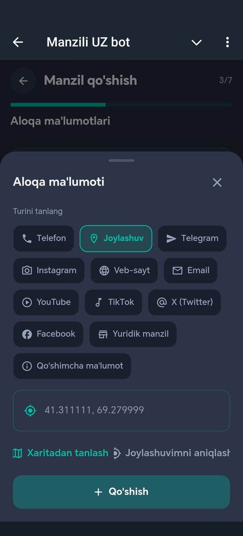 Aloqa turi: joylashuv