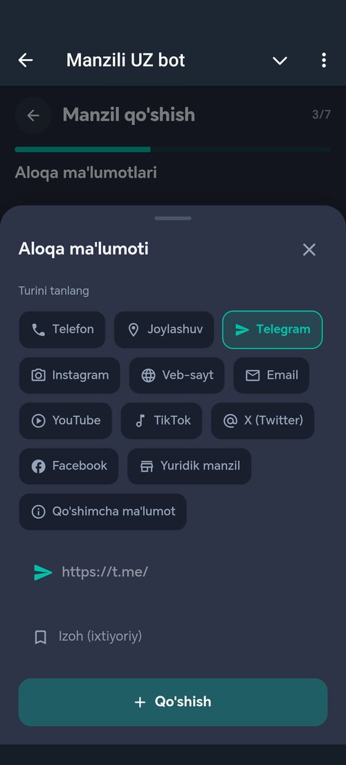 Aloqa turi: Telegram
