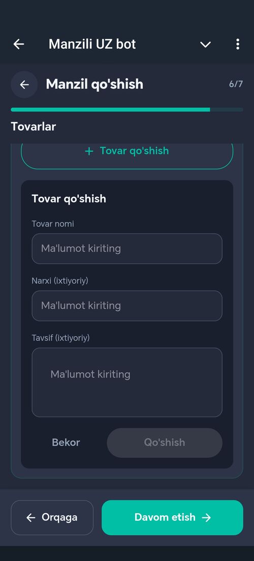 6/7 — Tovar qo'shish