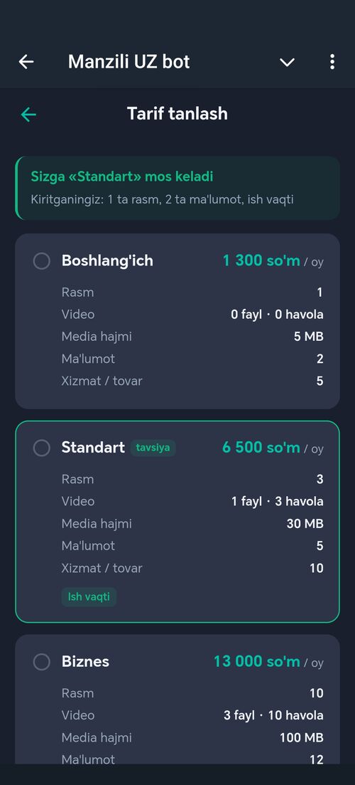 Tarif tanlash