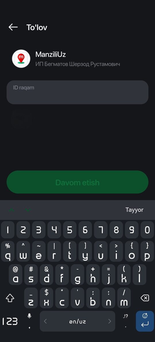 Paynet: ID raqamni kiritish