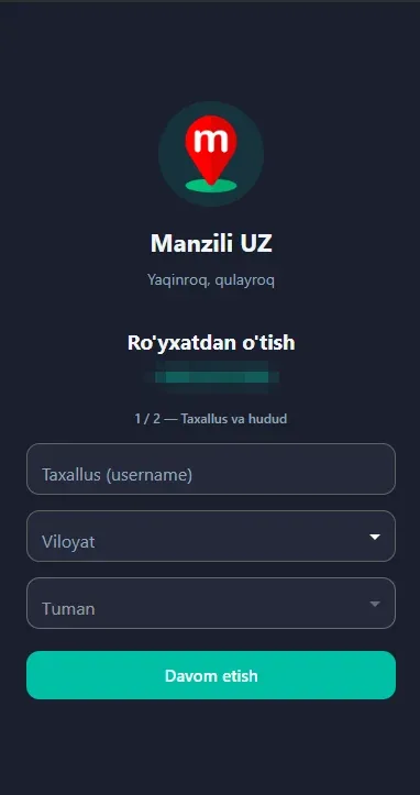 Ro'yxatdan o'tish 1/2 — taxallus va hudud