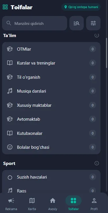 Toifalar va manzillar soni